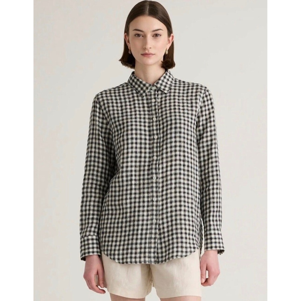Quince 100% European Linen Long Sleeve Shirt Black/White Gingham Size XS Minimal